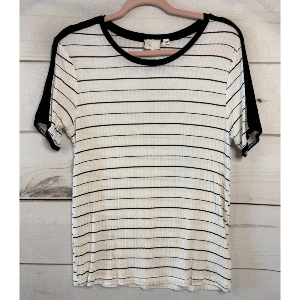 Postmark Striped Ribbed Ringer T-Shirt‎ Black Anthro Women Small Short Sleeve